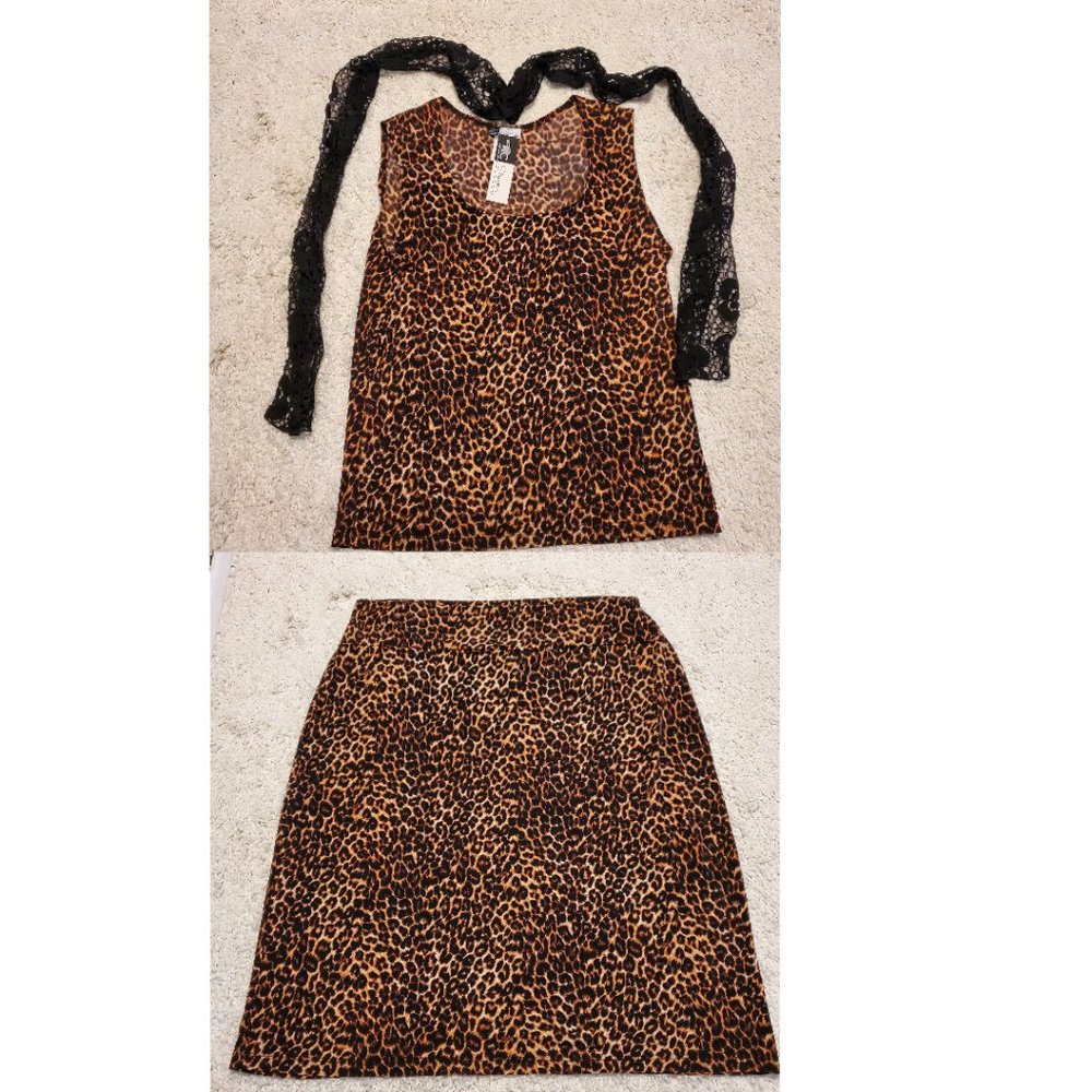 NWT Y2K KC Stevens Leopard Print Stretchy Skirt Set With Lace Scarf Size M / XL